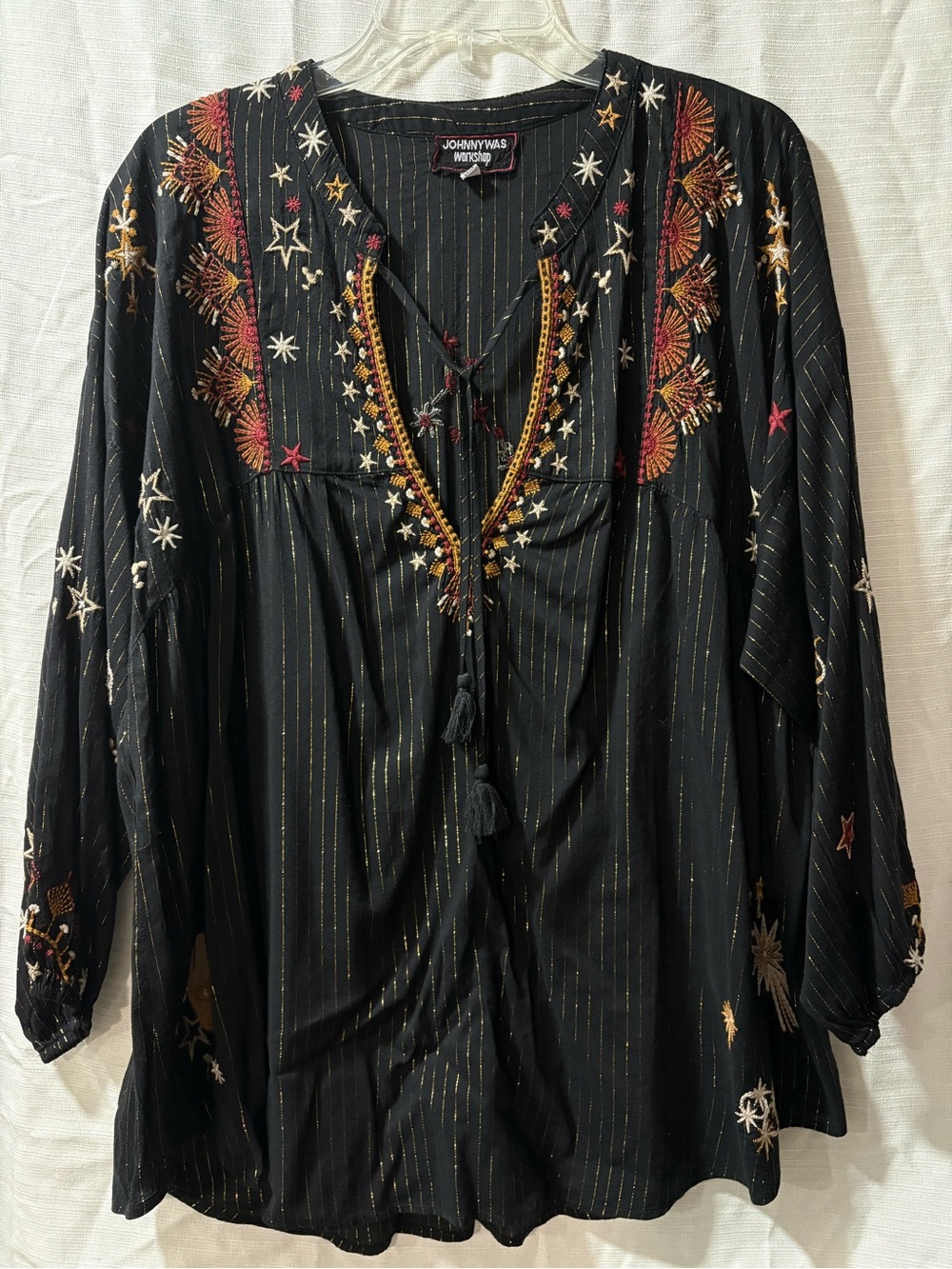 Johnny Was Black Embroidered Tunic with Gold & Rust Accents